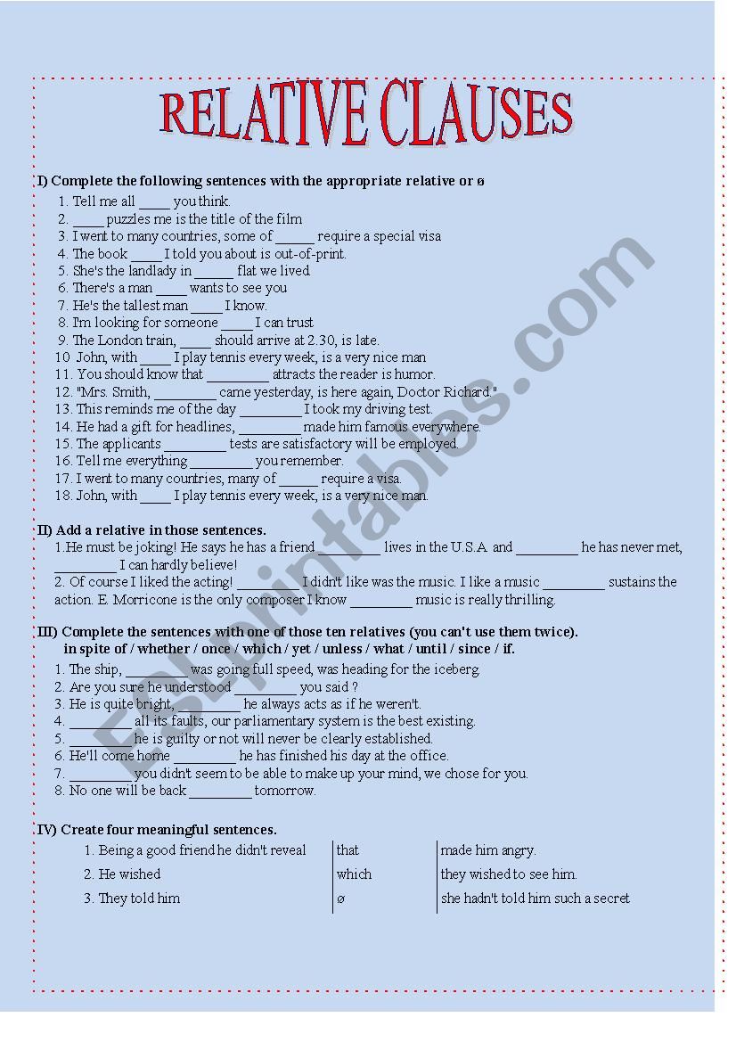 Relative clauses worksheet