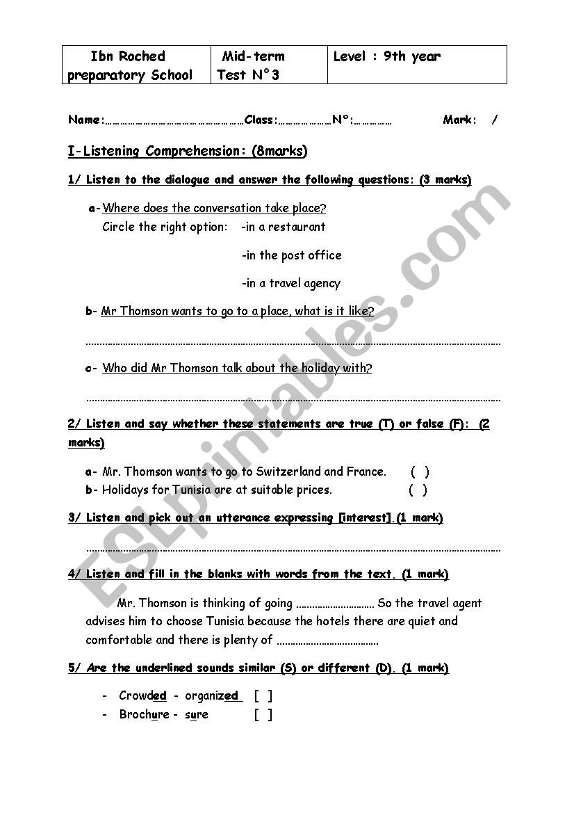Mid-term test n3 worksheet