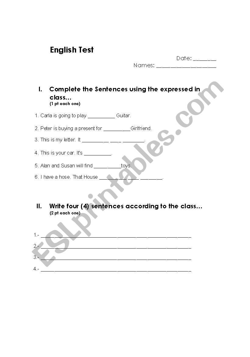 Expressing Possesion Test worksheet