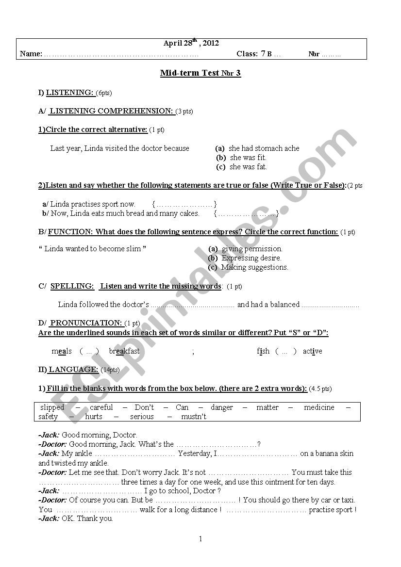 mid-term test n3, 7th gr. worksheet