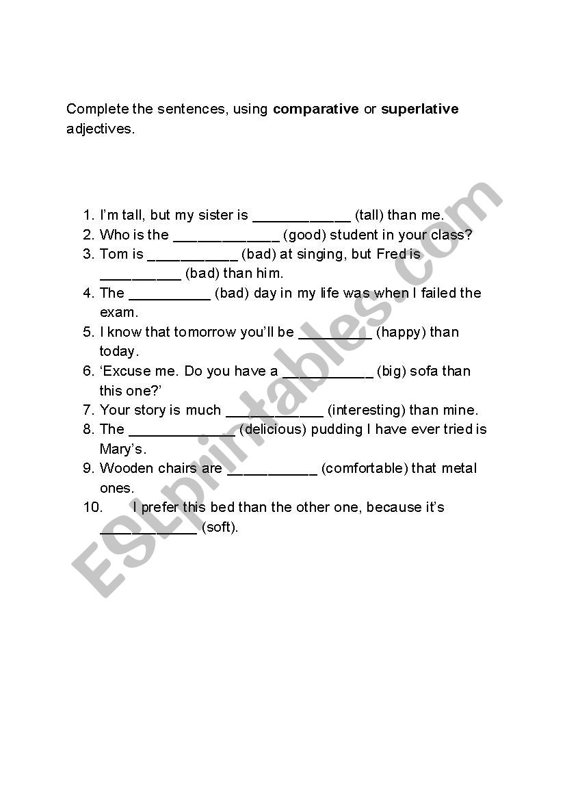 Comparatives, Superlatives worksheet