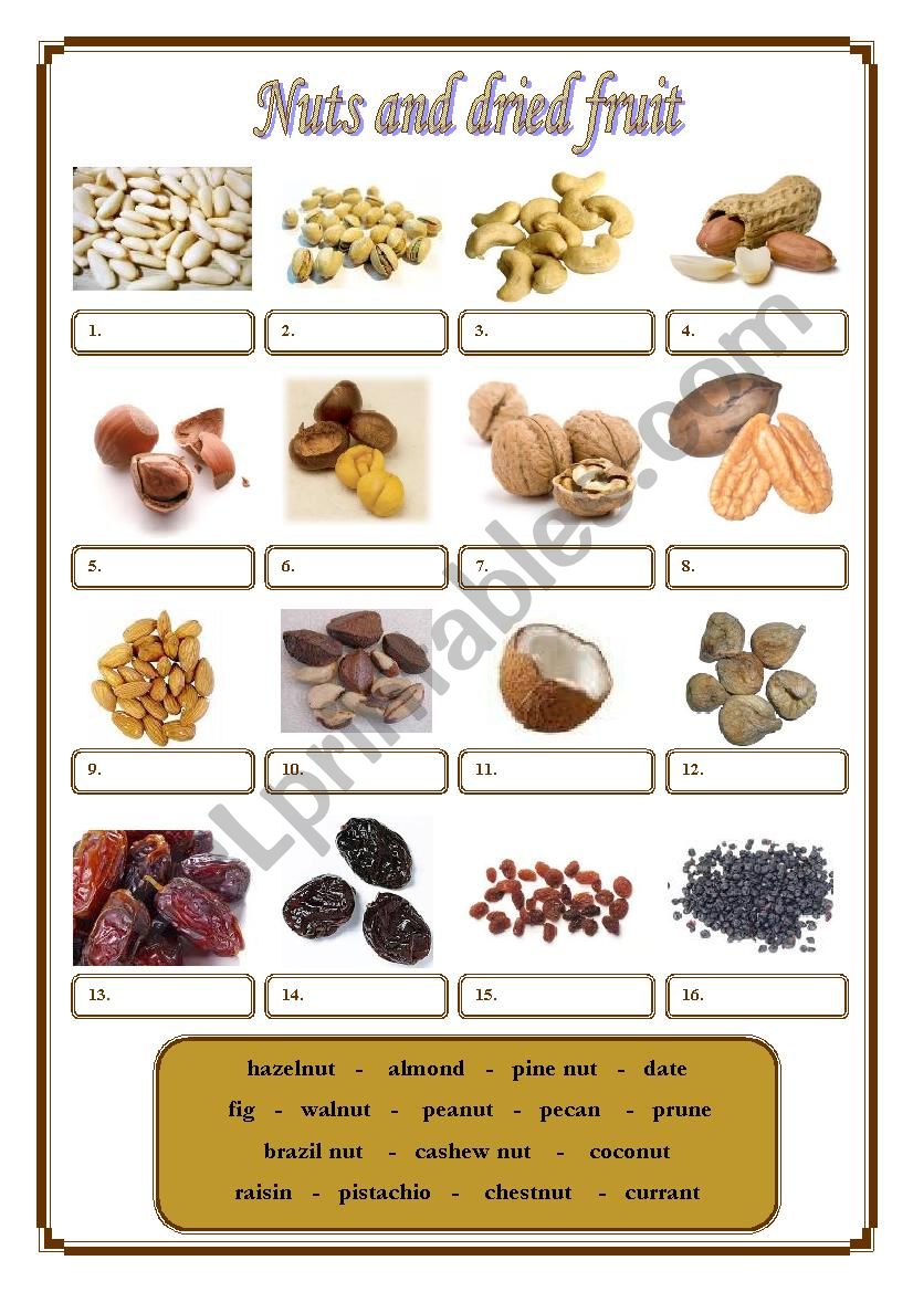 Nuts and dried fruit worksheet