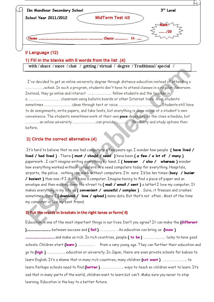 Mid term test 3 worksheet