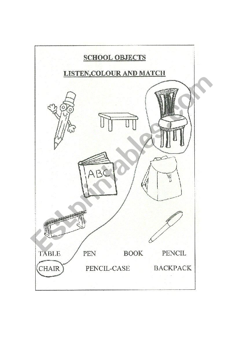 School Objects. Match worksheet