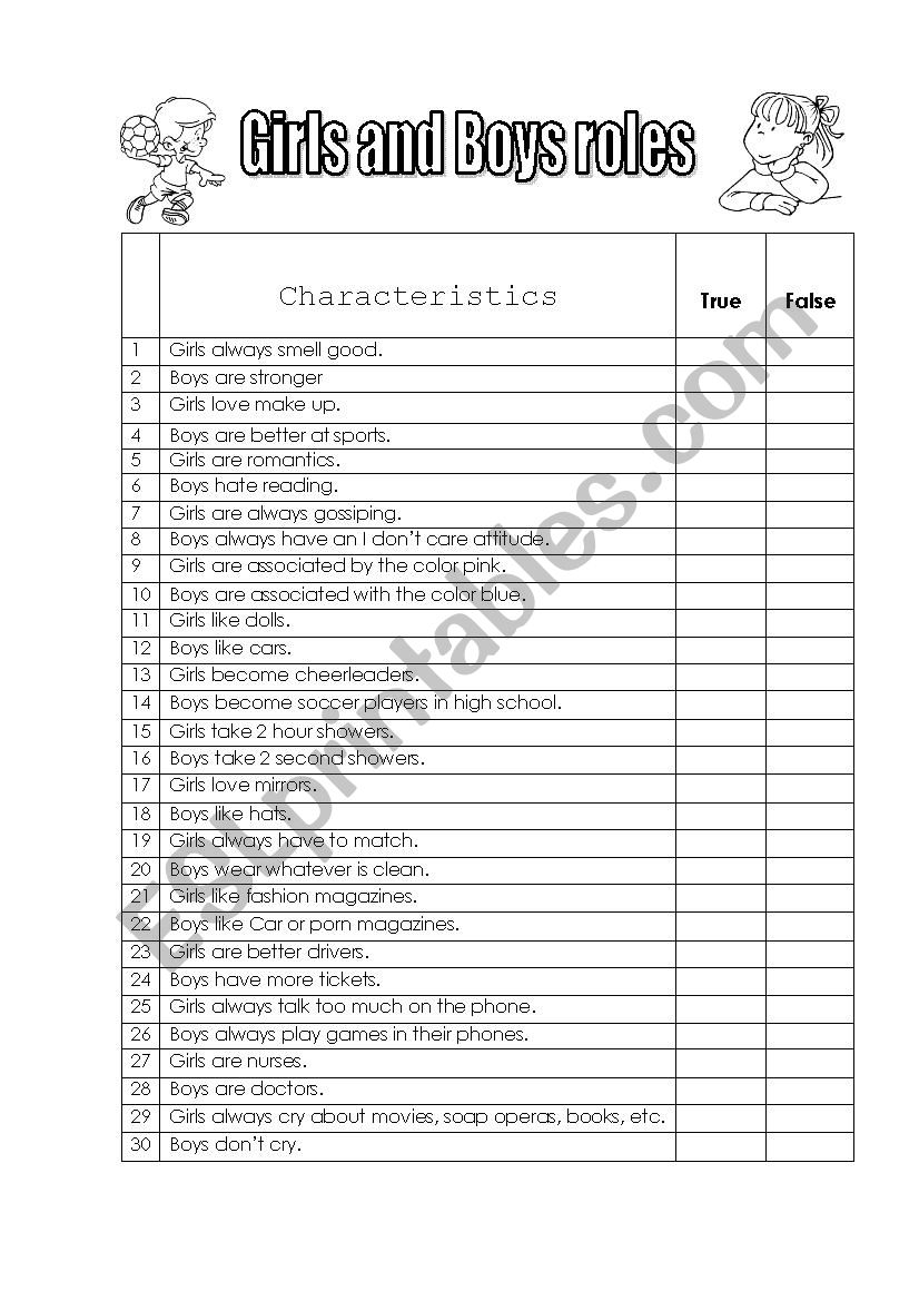 Boys and Girls Roles worksheet