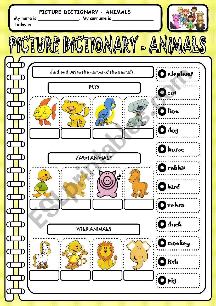 Picture Dictionary - Animals worksheet