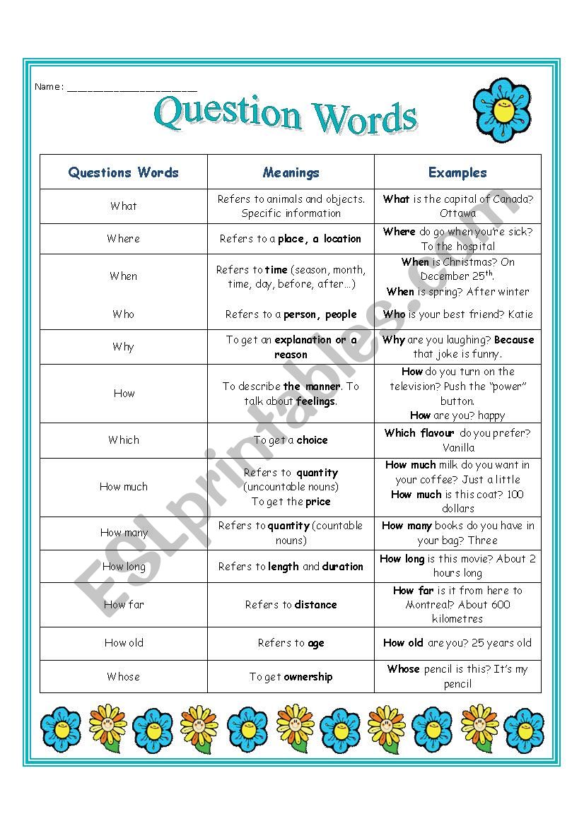 Question Words worksheet