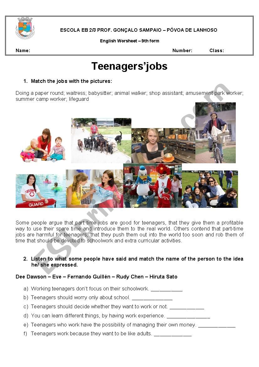 Teens jobs worksheet