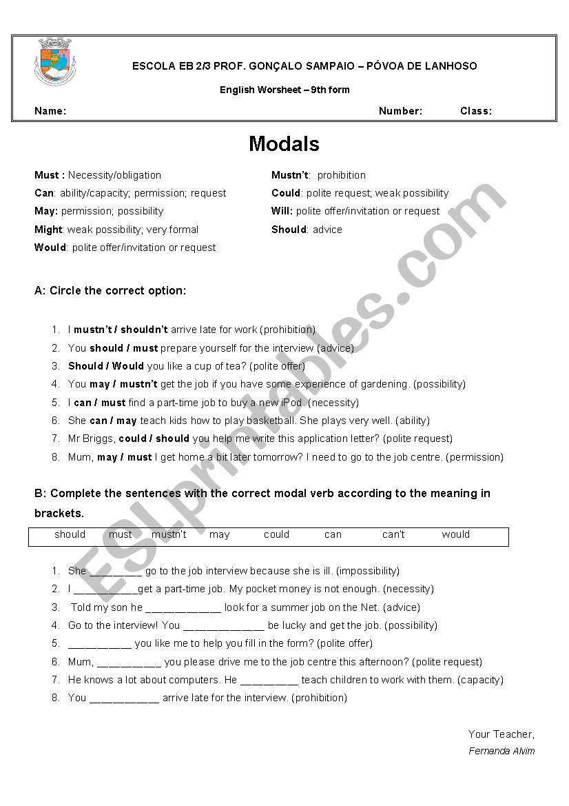 Modal verbs worksheet