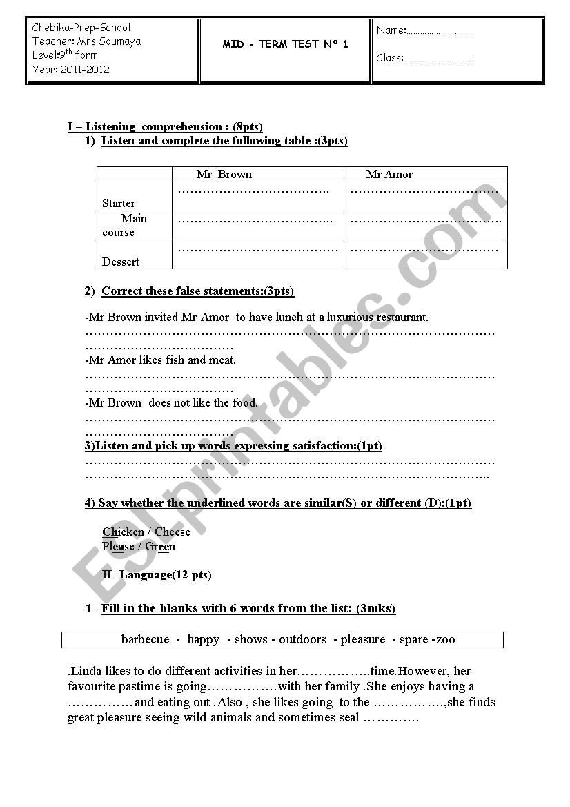 MID -TERM TEST  worksheet