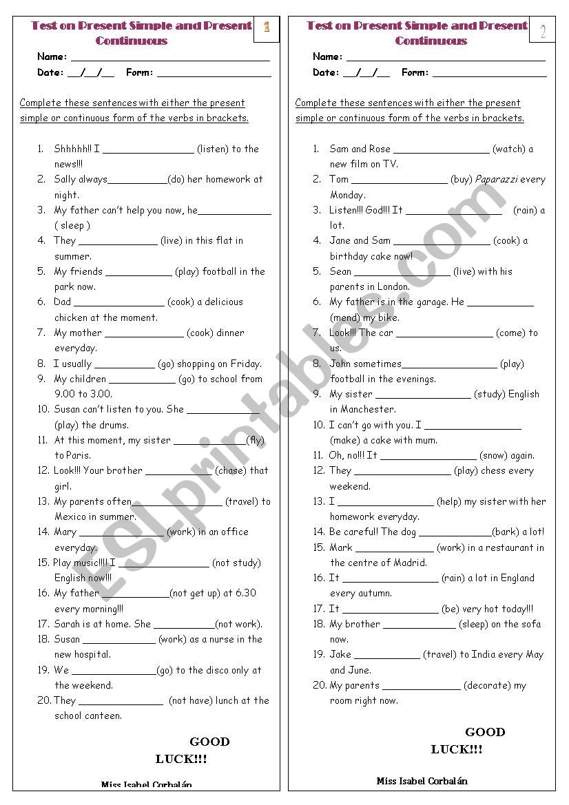 test on present simple and present continuous