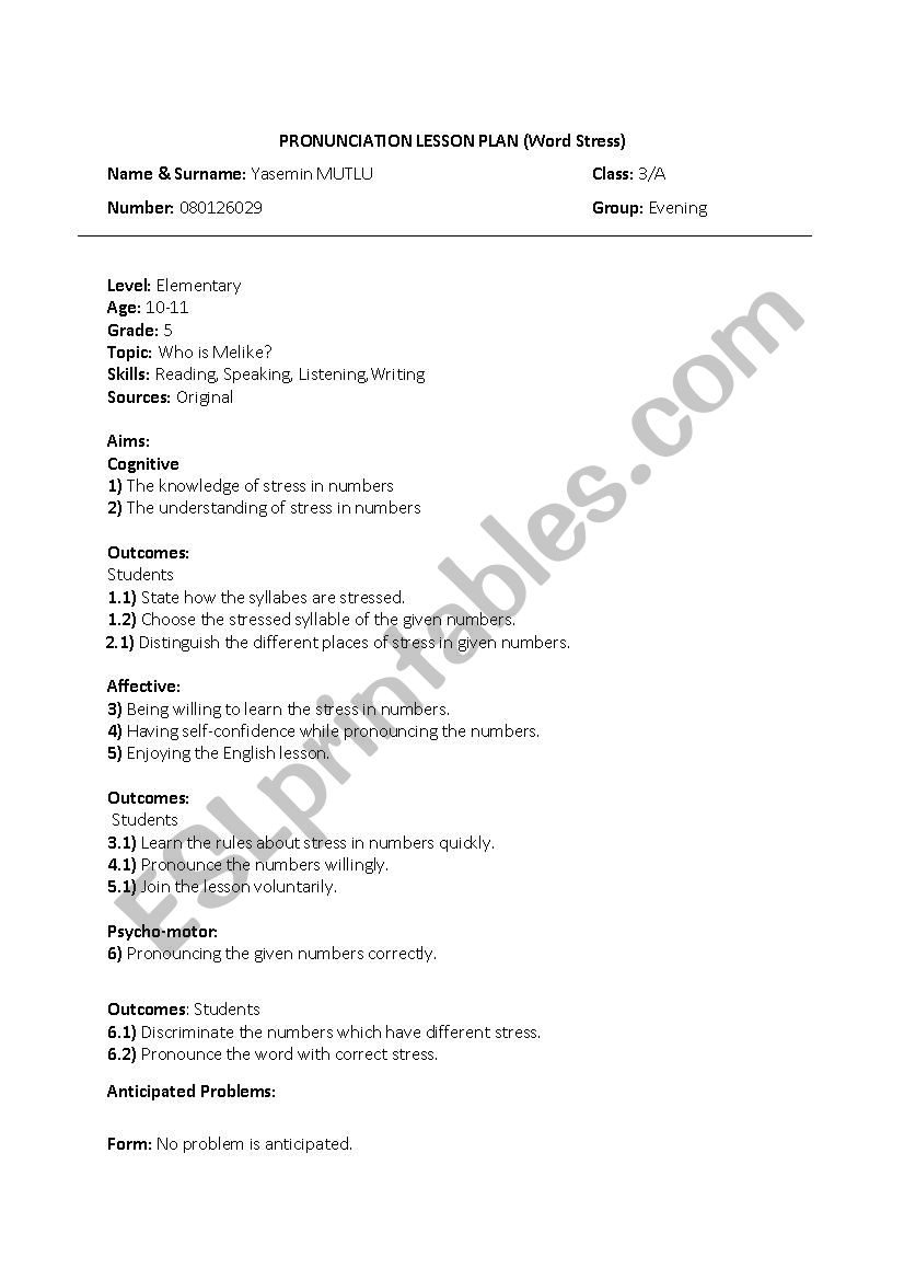 Word stress lesson plan worksheet