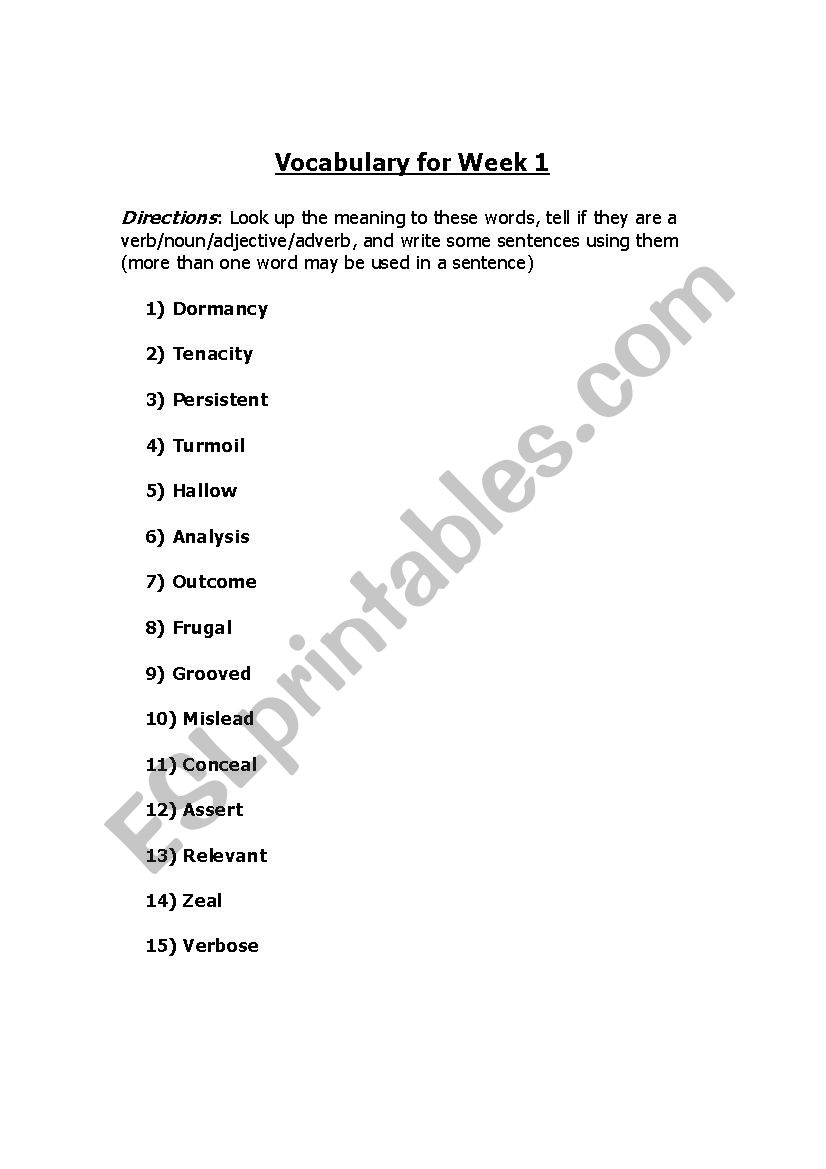 Vocab List 1 worksheet