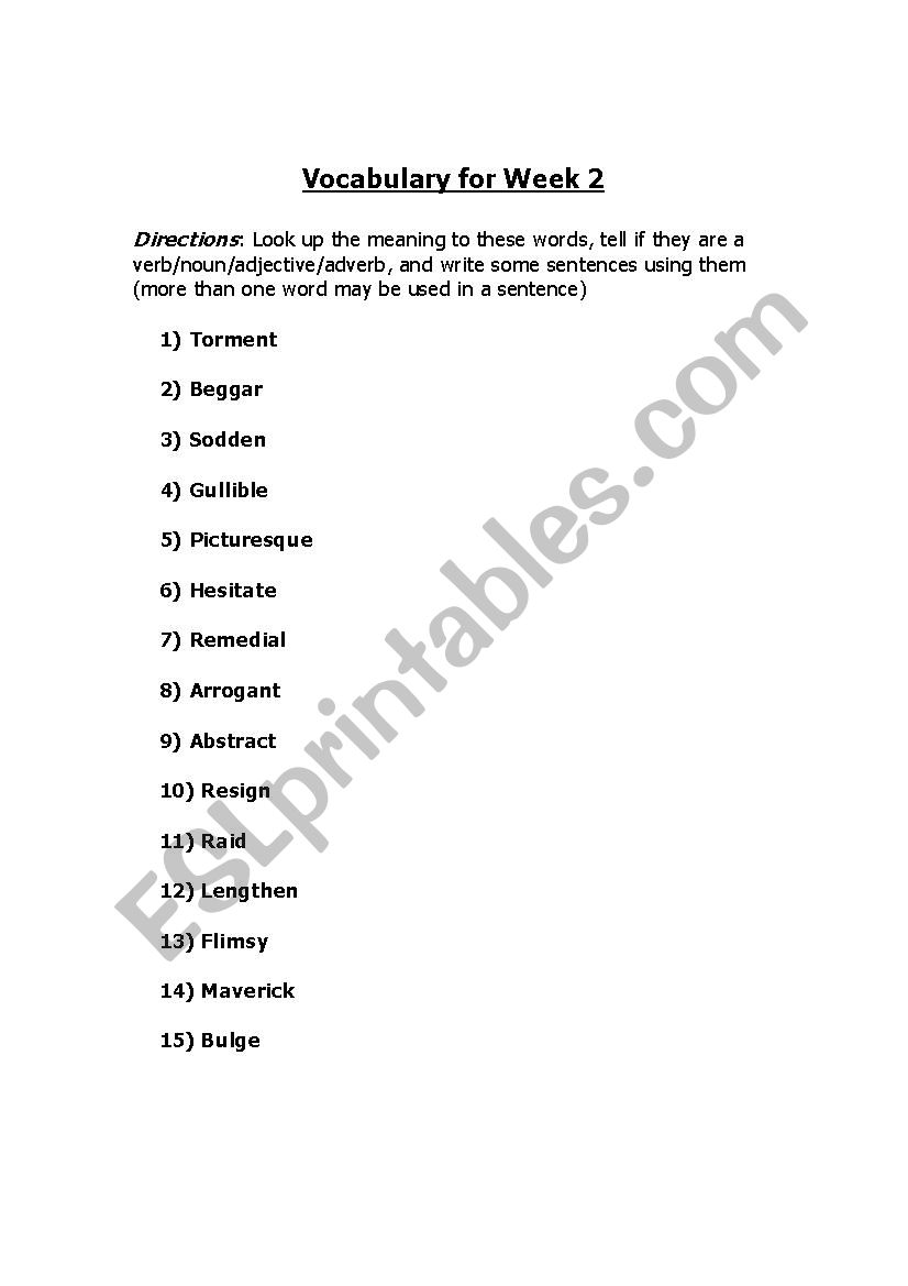 Vocab List 2 worksheet