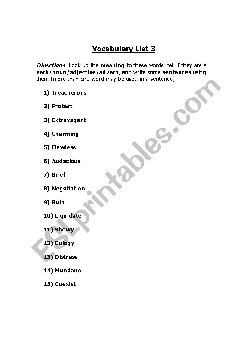Vocab List 3 worksheet