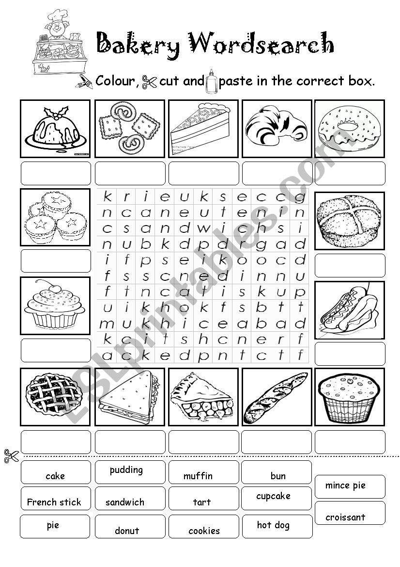 Bakery Wordsearch (Colour, Cut and Paste Exercise)