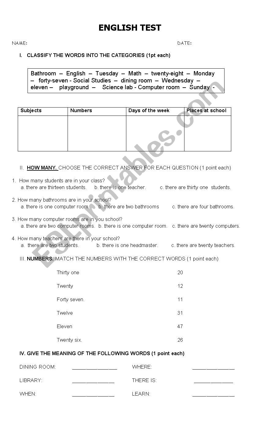 Places of the school / school subjects / numbers review