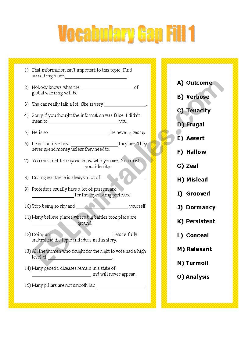 Vocab List 1 Gap Fill worksheet