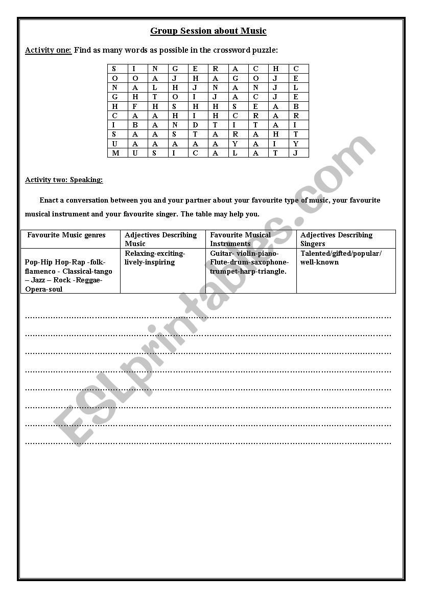 Group session about music worksheet