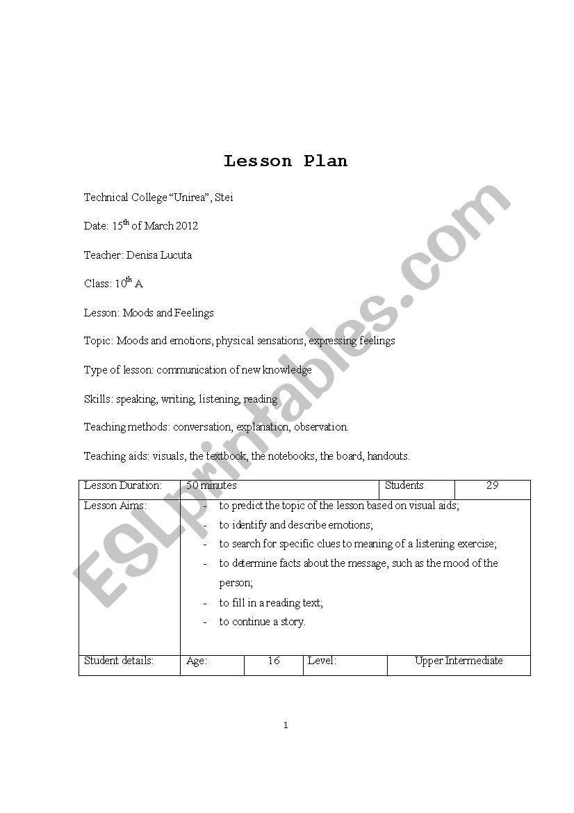 Moods and Feelings worksheet