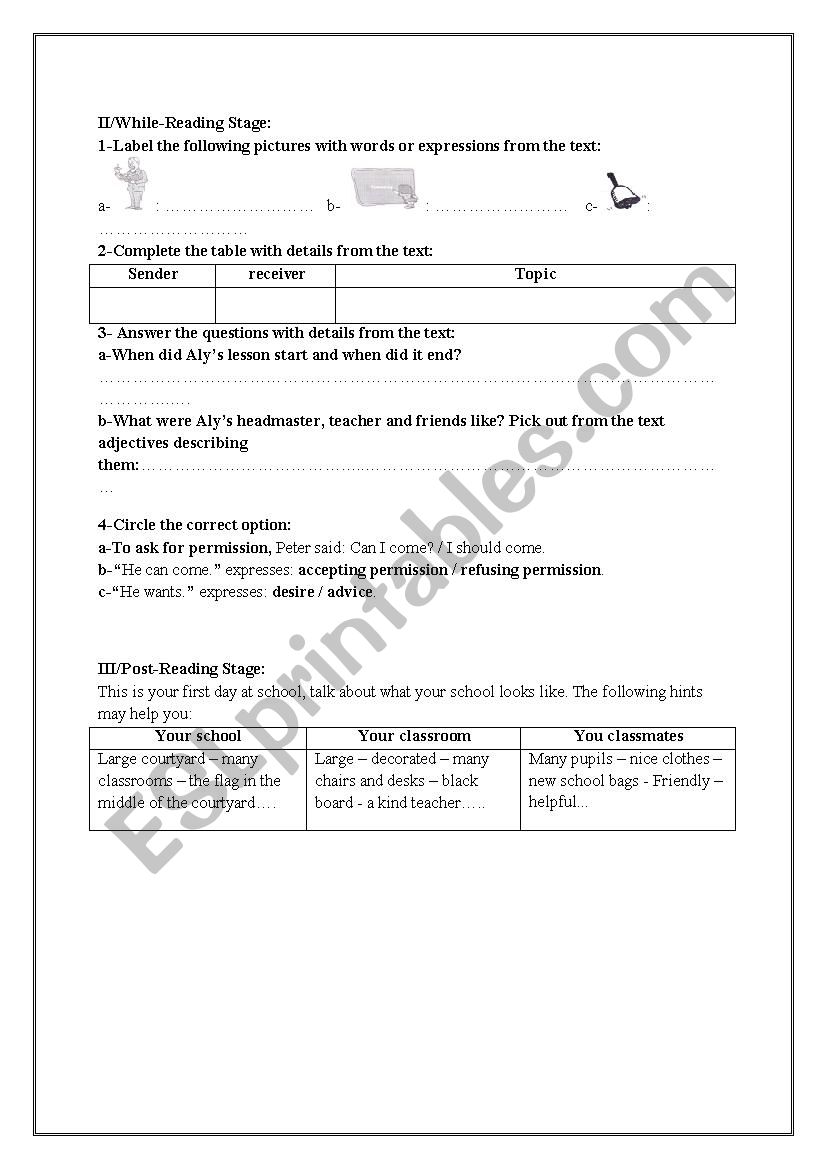 LetÂ´s visit AlyÂ´s school worksheet