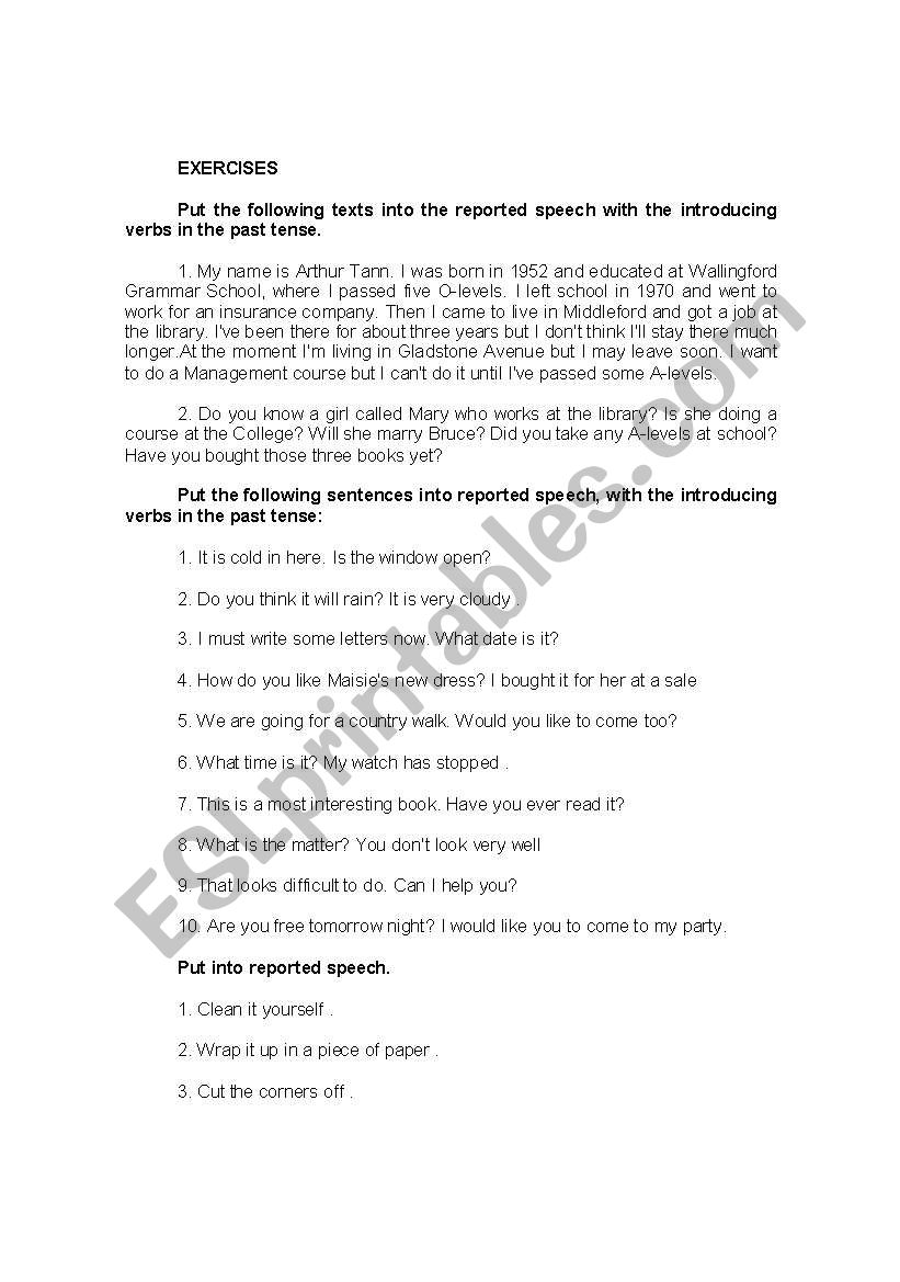 reported speech worksheet