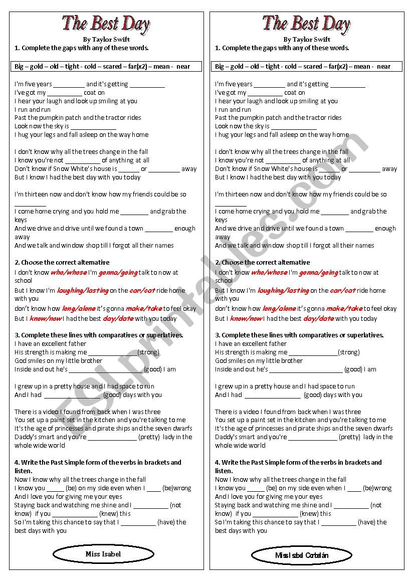 the best day by taylor swift worksheet