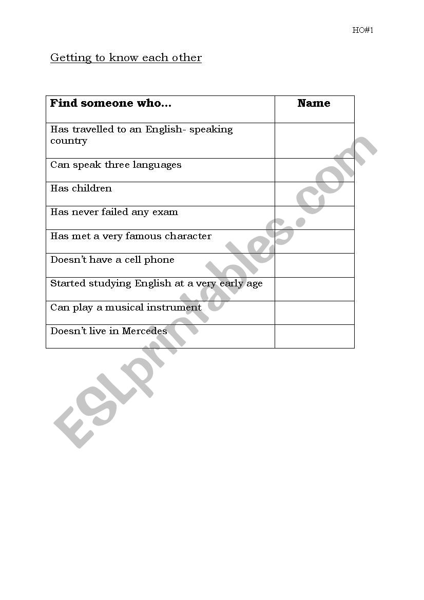 Getting to know each other worksheet