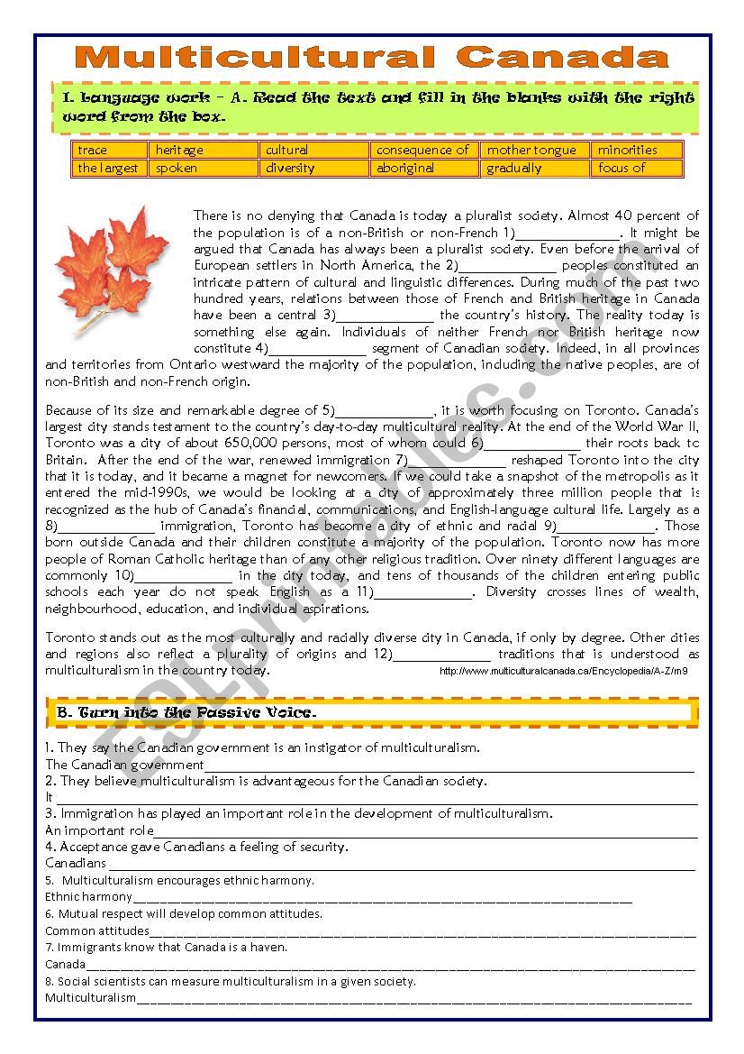 MULTICULTURAL CANADA worksheet