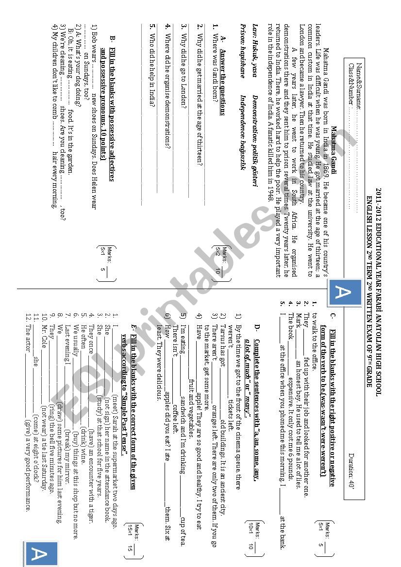 exam paper worksheet