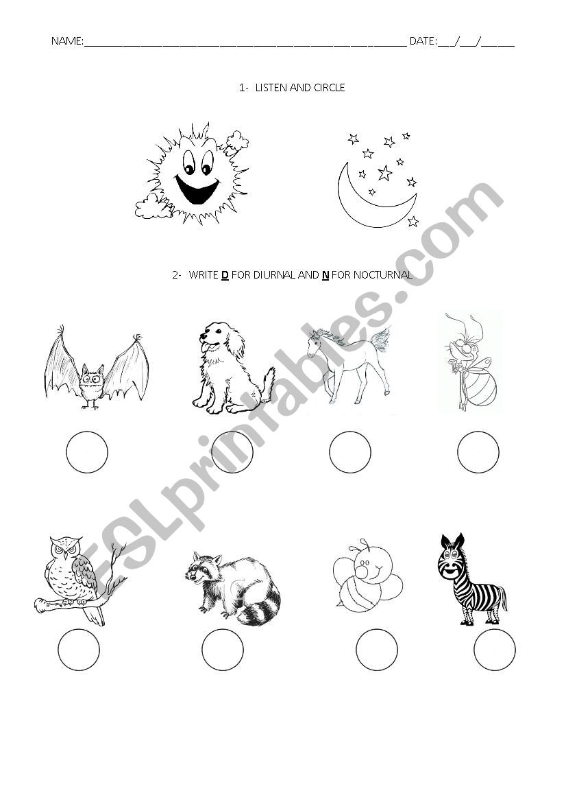 English worksheets: Listening: day, night, diurnal and nocturnal animals