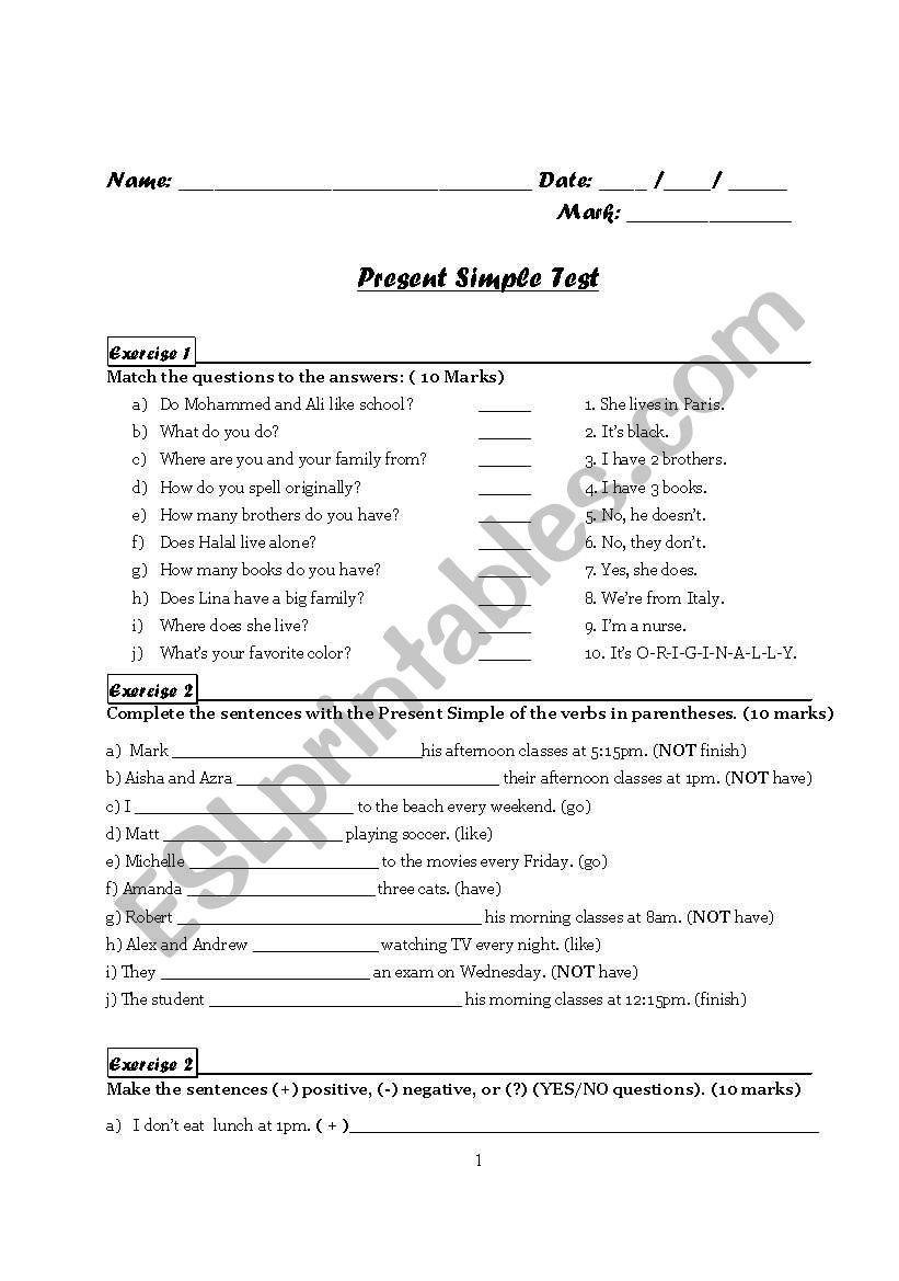 Present Simple Test worksheet