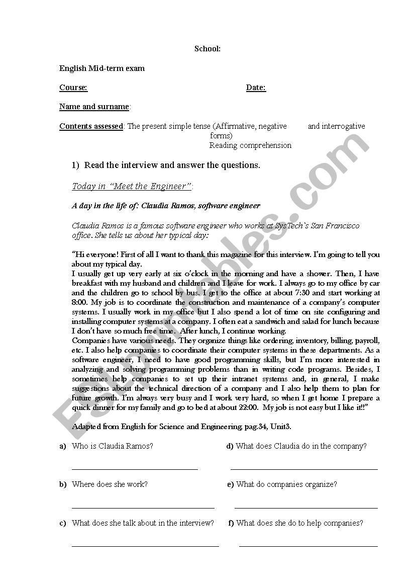 Present simple exam worksheet