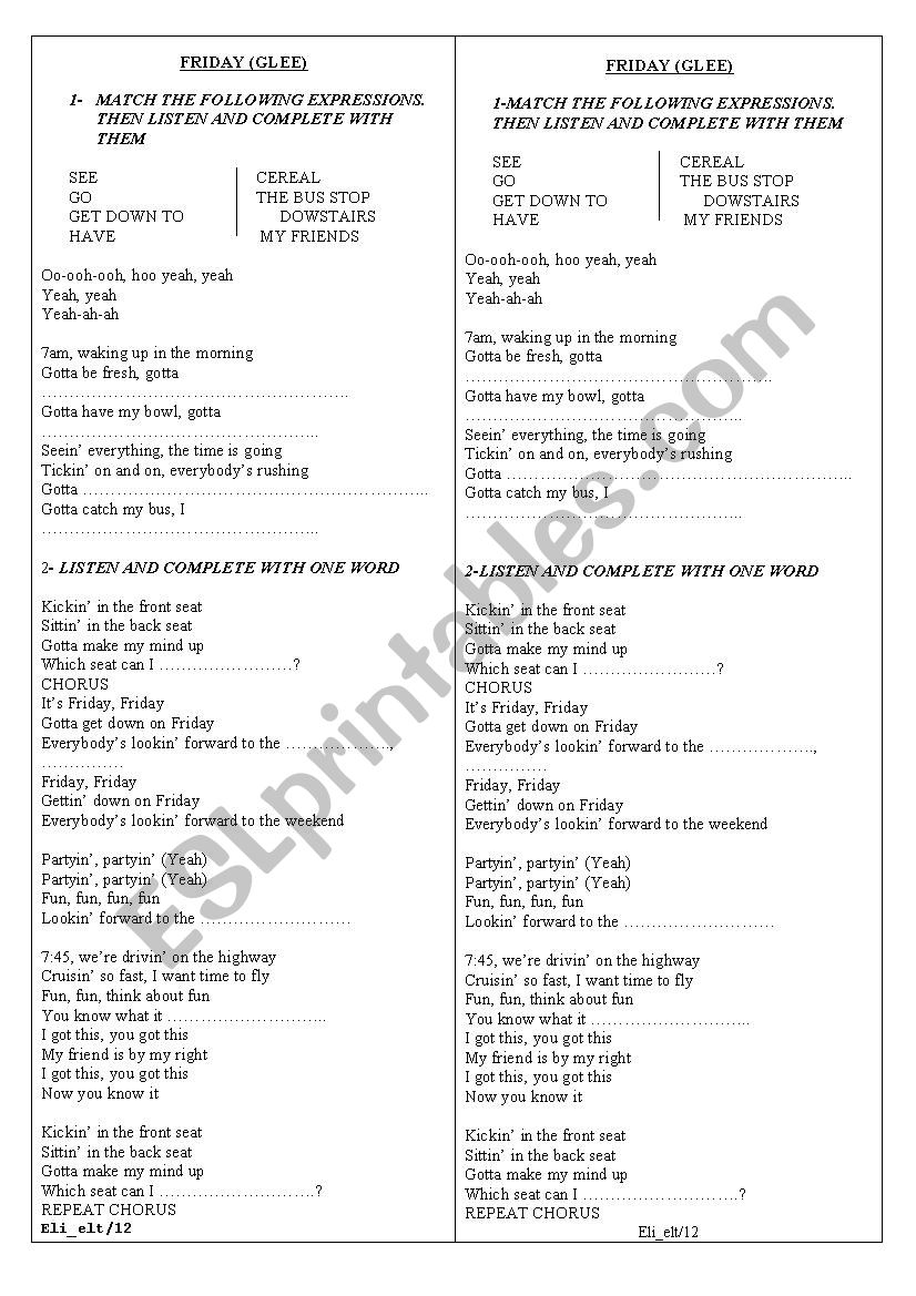 Song: FRIDAY worksheet