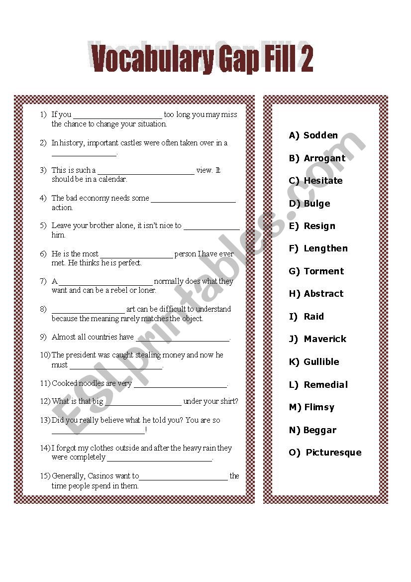 Vocab List 2 Gap Fill worksheet