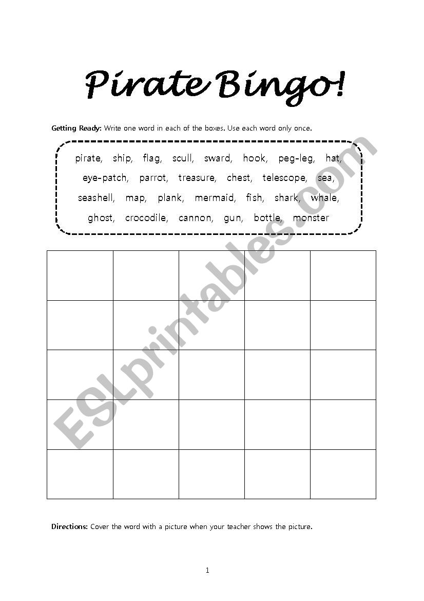 Pirate Bingo (part 1 of 2) worksheet