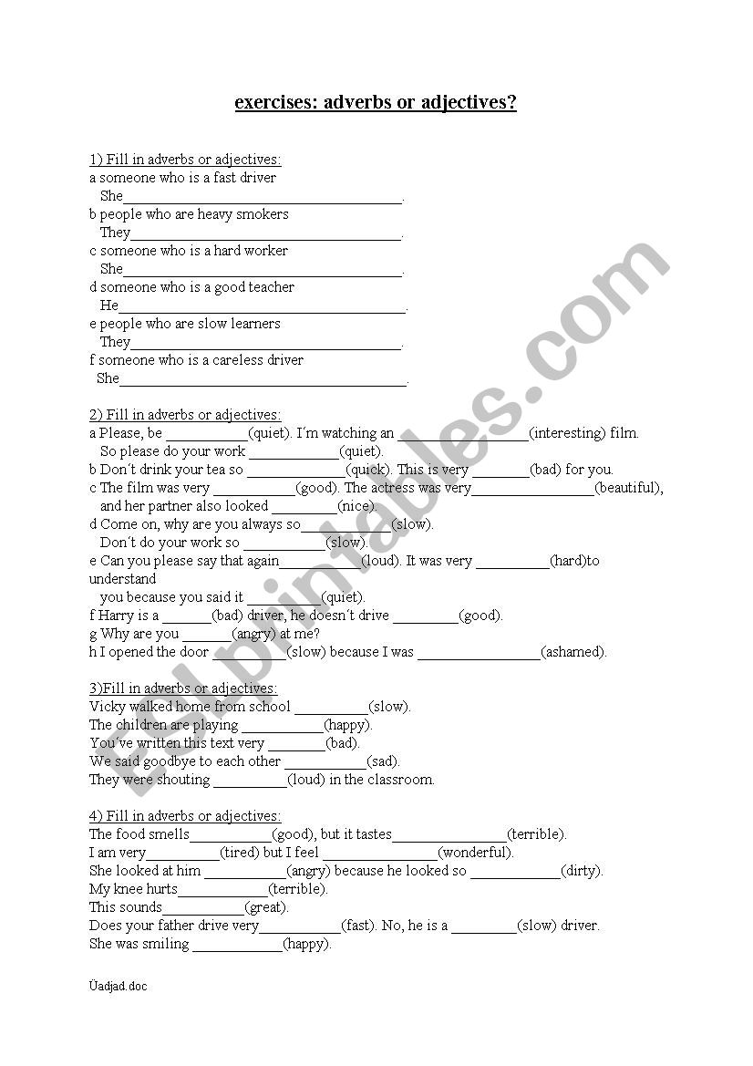 adverbs and adjectives worksheet