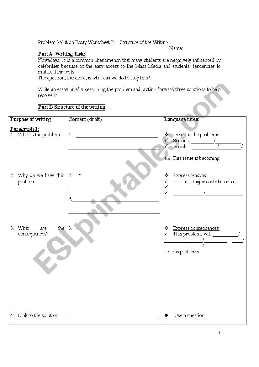 problem solution essay worksheet