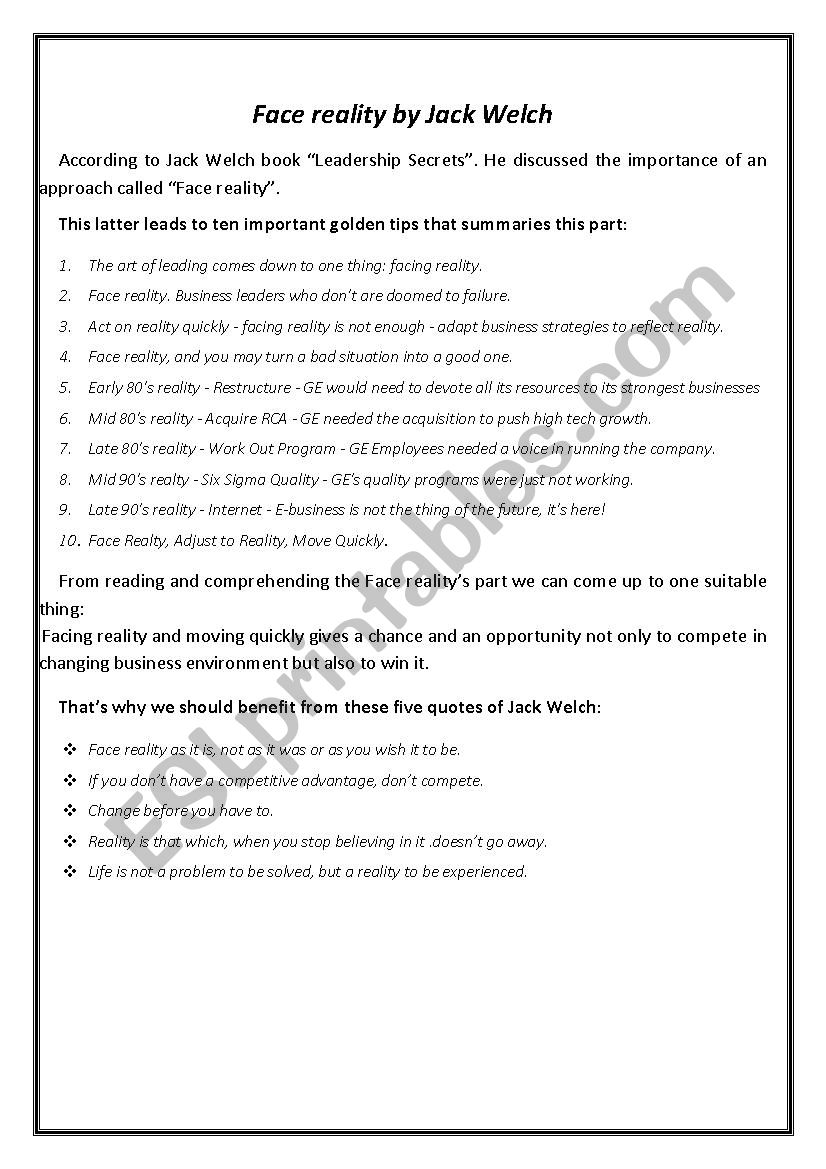 face reality worksheet