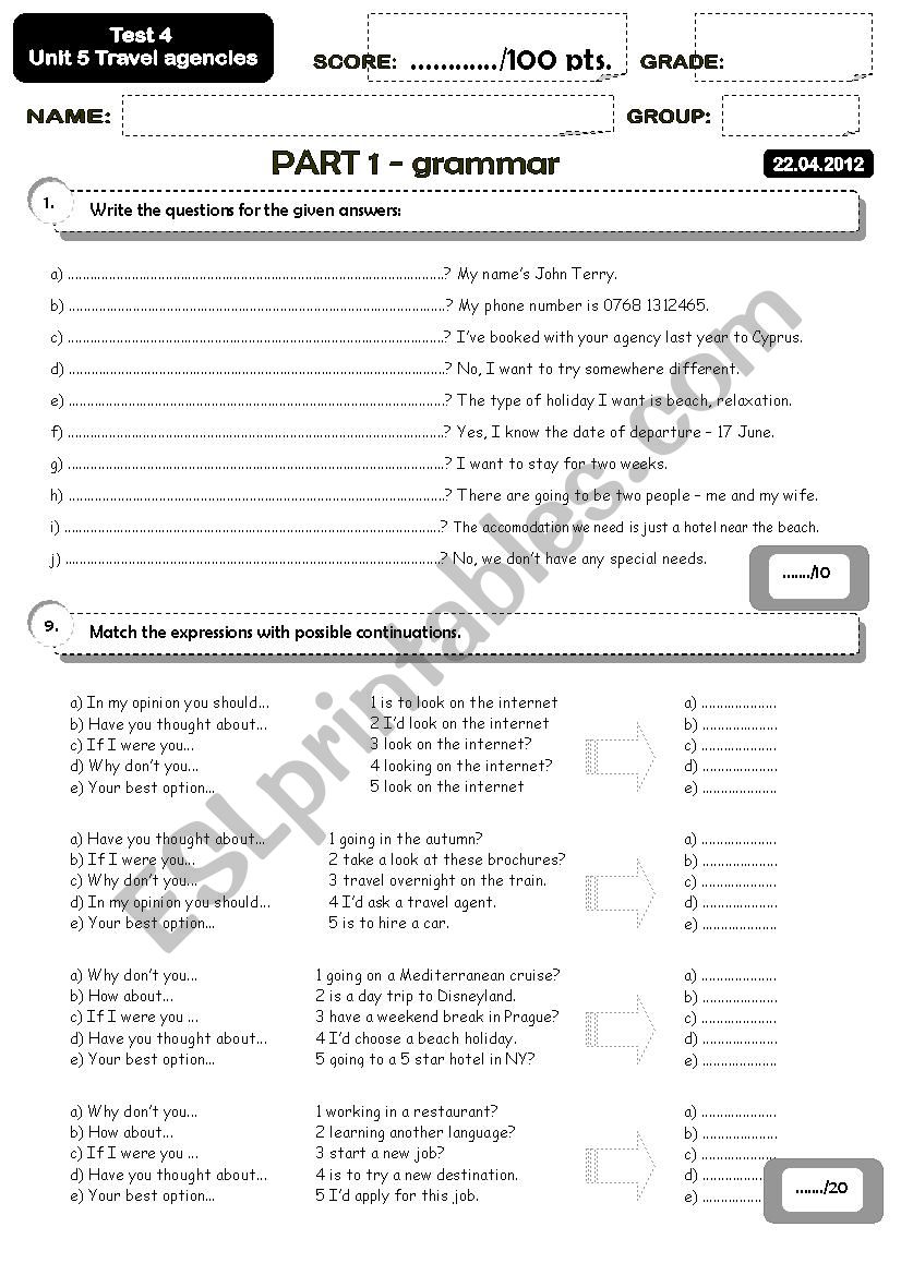 A 4-page test for students of tourism industry