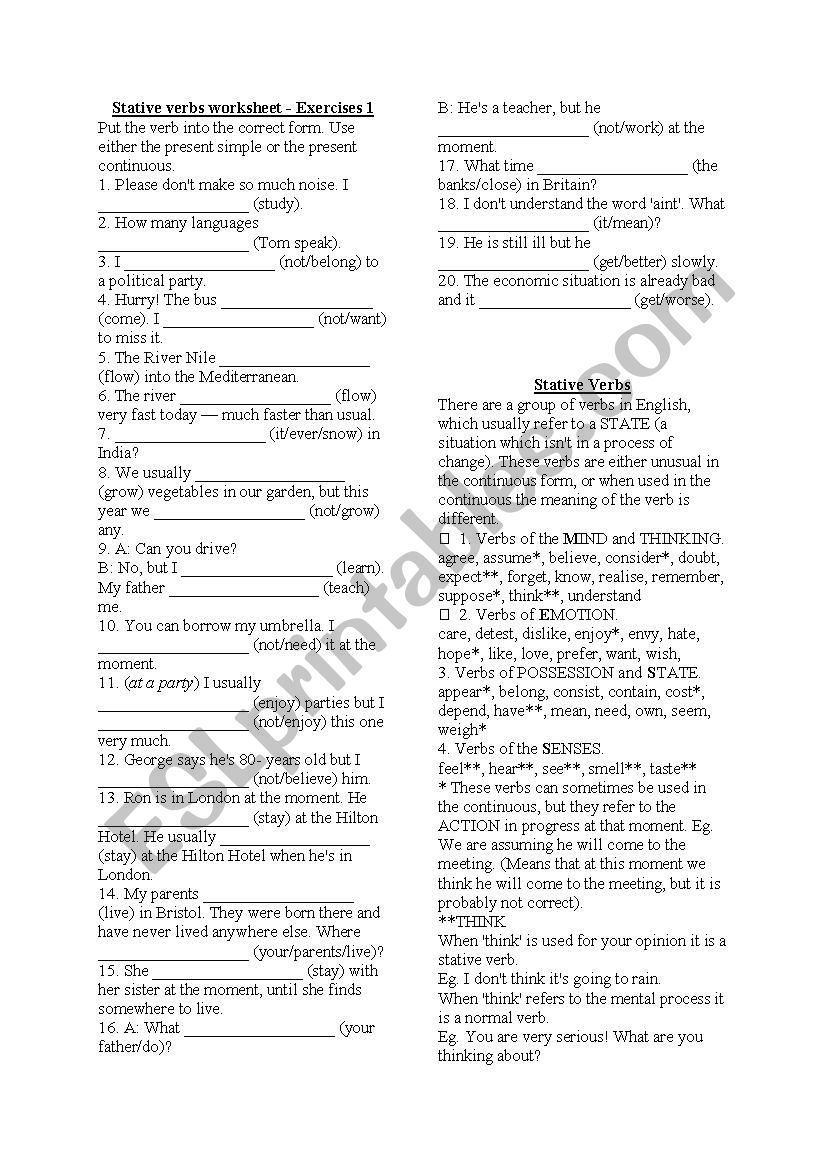 Stative Verbs worksheet