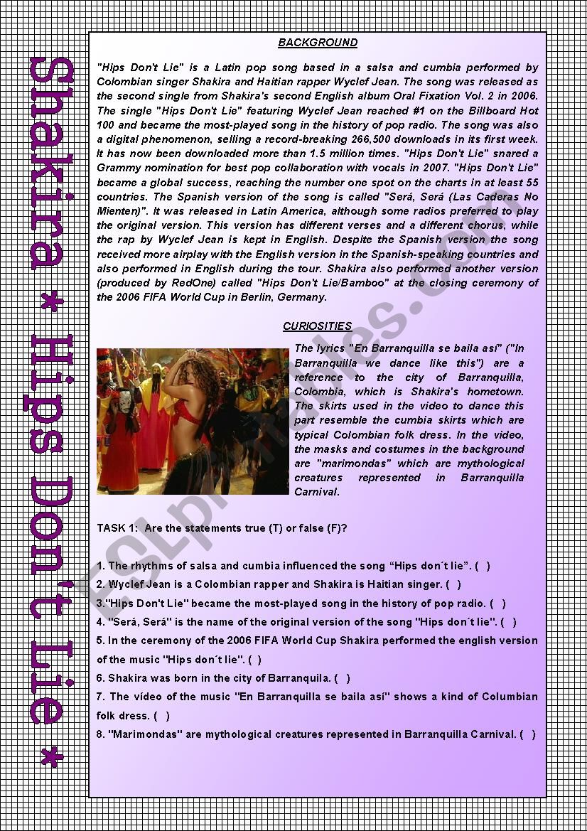 Shakira S Hips Don T Lie Background Curiosities True Or False Questions Fill In The Gaps Of The Song Esl Worksheet By Camilamaral