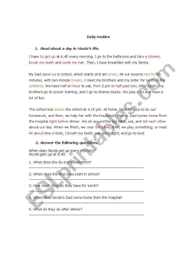 Daily routine worksheet