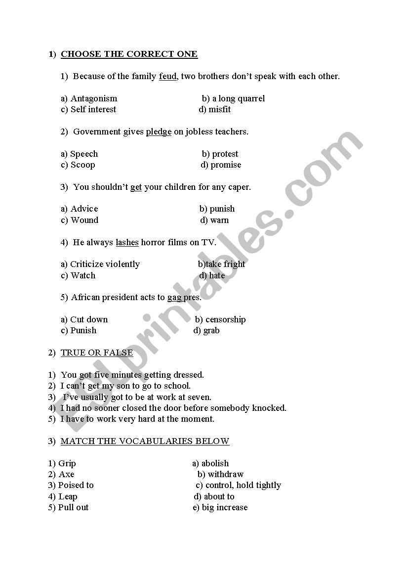 a vocabulary test worksheet