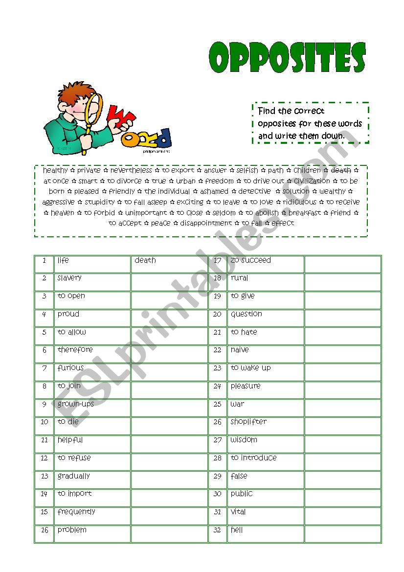 Opposites worksheet