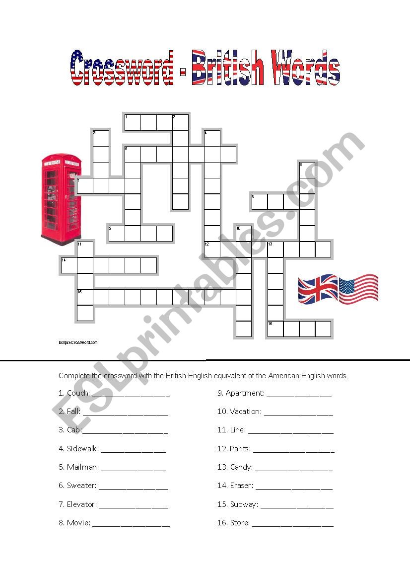 British English  - Crosswords worksheet
