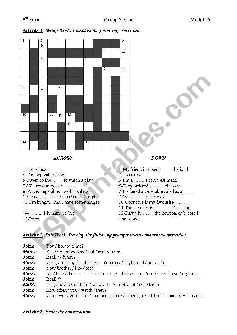 crossword worksheet