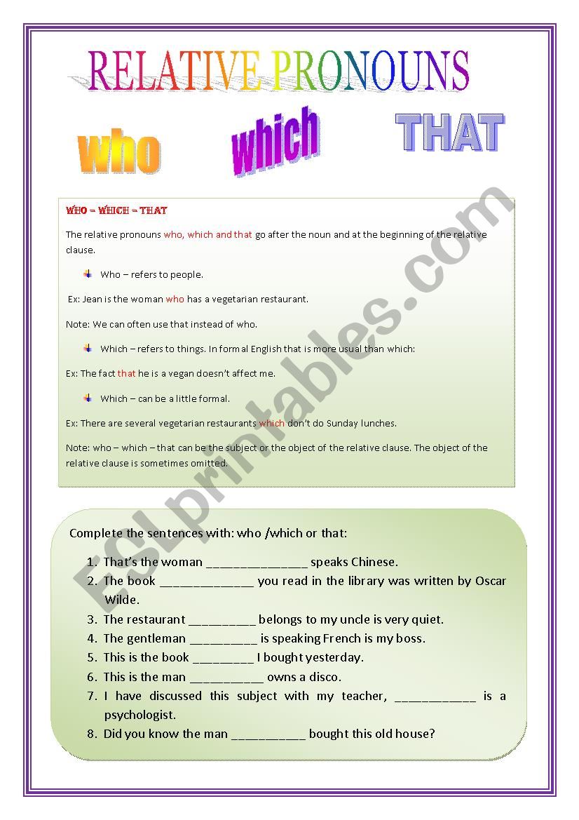 relative pronouns worksheet