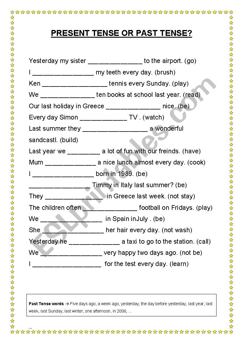 Past Vs Present Tense Worksheet