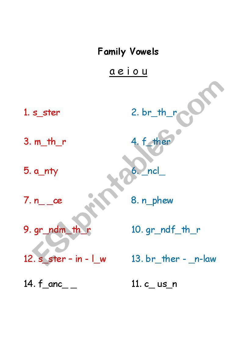 FAMILY VOWELS worksheet